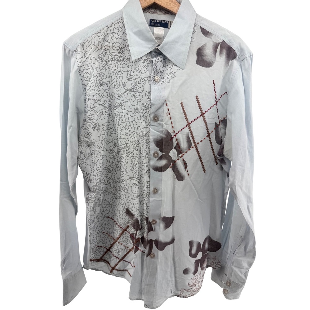 Vintage GUESS Mens Button Up Shirt Long Sleeve Light Blue Floral Print Size‎ Med